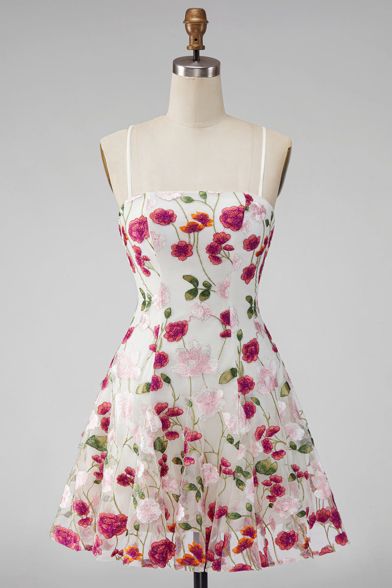 Laden Sie das Bild in den Galerie-Viewer, Rosa rote Blume A-Linie Spaghettiträger Kurzes Abendkleid mit Stickerei