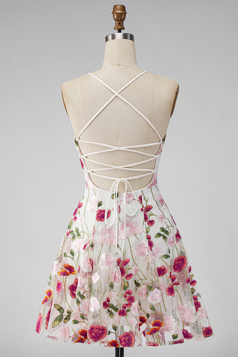 Laden Sie das Bild in den Galerie-Viewer, Rosa rote Blume A-Linie Spaghettiträger Kurzes Abendkleid mit Stickerei