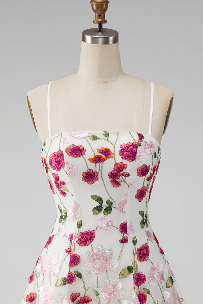 Laden Sie das Bild in den Galerie-Viewer, Rosa rote Blume A-Linie Spaghettiträger Kurzes Abendkleid mit Stickerei