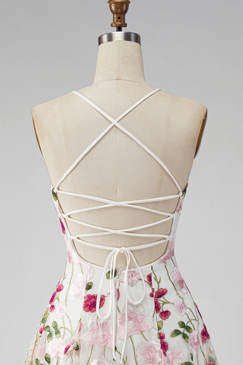 Laden Sie das Bild in den Galerie-Viewer, Rosa rote Blume A-Linie Spaghettiträger Kurzes Abendkleid mit Stickerei