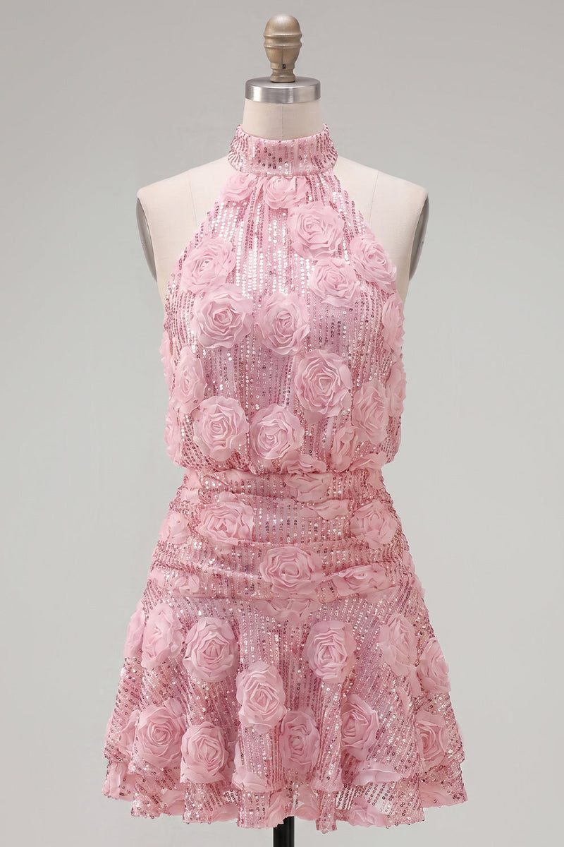 Laden Sie das Bild in den Galerie-Viewer, Rosa A-Linie Neckholder-Pailletten, kurzes Homecoming-Kleid mit 3D-Blumen