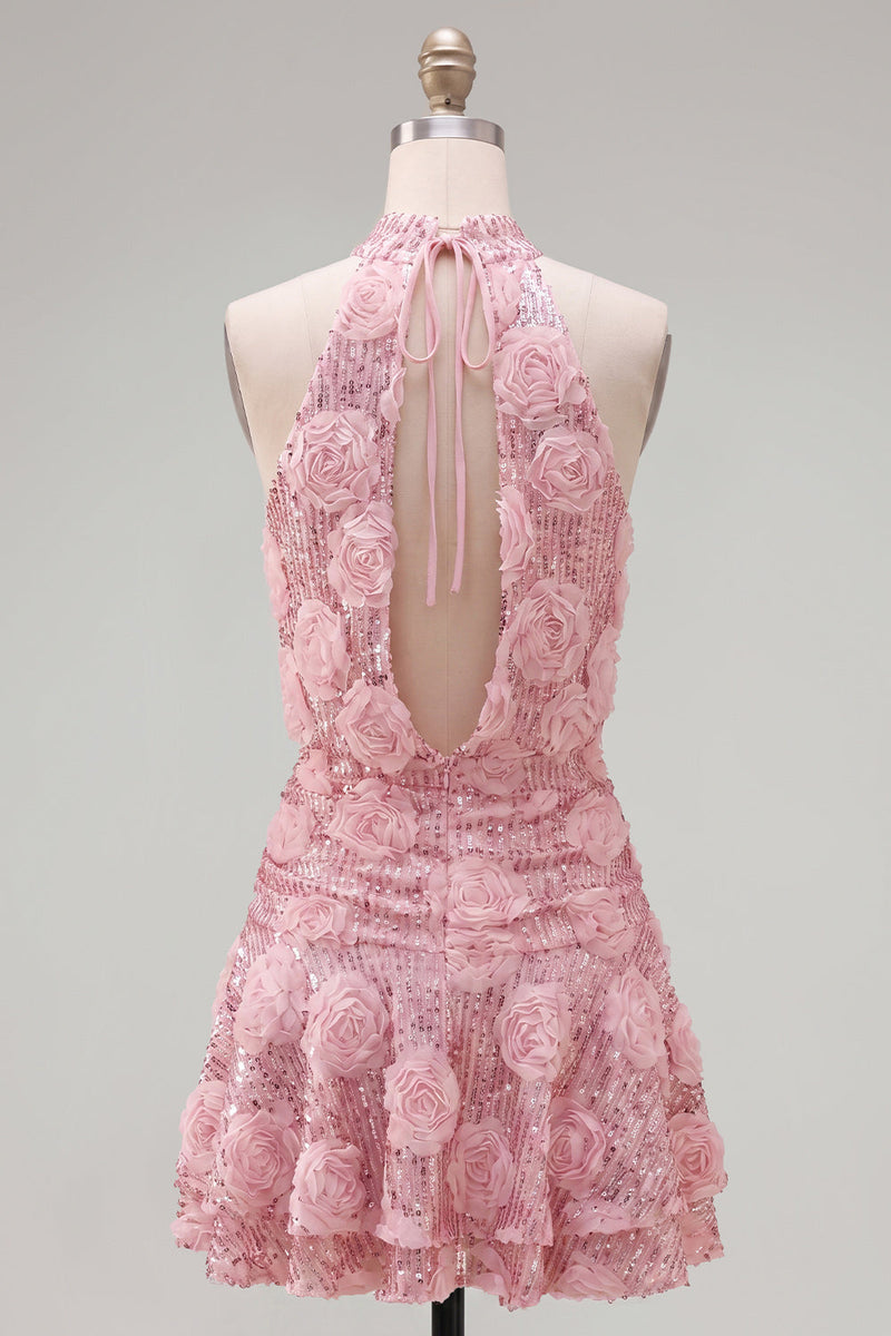 Laden Sie das Bild in den Galerie-Viewer, Rosa A-Linie Neckholder-Pailletten, kurzes Homecoming-Kleid mit 3D-Blumen