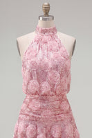 Laden Sie das Bild in den Galerie-Viewer, Rosa A-Linie Neckholder-Pailletten, kurzes Homecoming-Kleid mit 3D-Blumen
