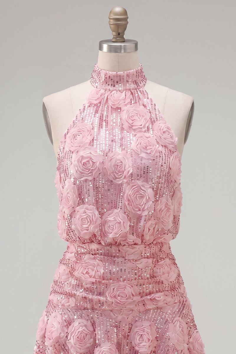 Laden Sie das Bild in den Galerie-Viewer, Rosa A-Linie Neckholder-Pailletten, kurzes Homecoming-Kleid mit 3D-Blumen