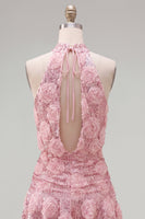 Laden Sie das Bild in den Galerie-Viewer, Rosa A-Linie Neckholder-Pailletten, kurzes Homecoming-Kleid mit 3D-Blumen