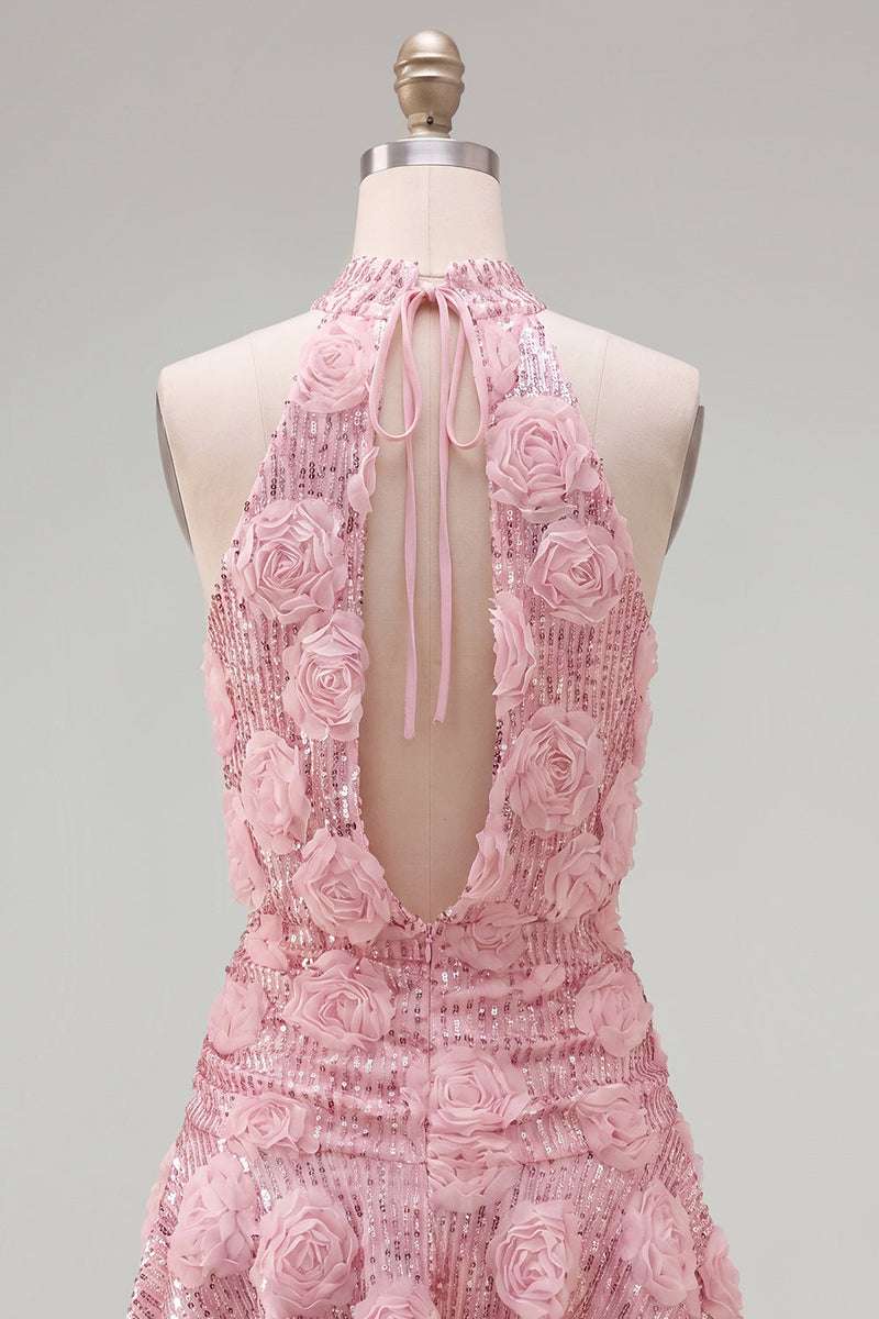 Laden Sie das Bild in den Galerie-Viewer, Rosa A-Linie Neckholder-Pailletten, kurzes Homecoming-Kleid mit 3D-Blumen