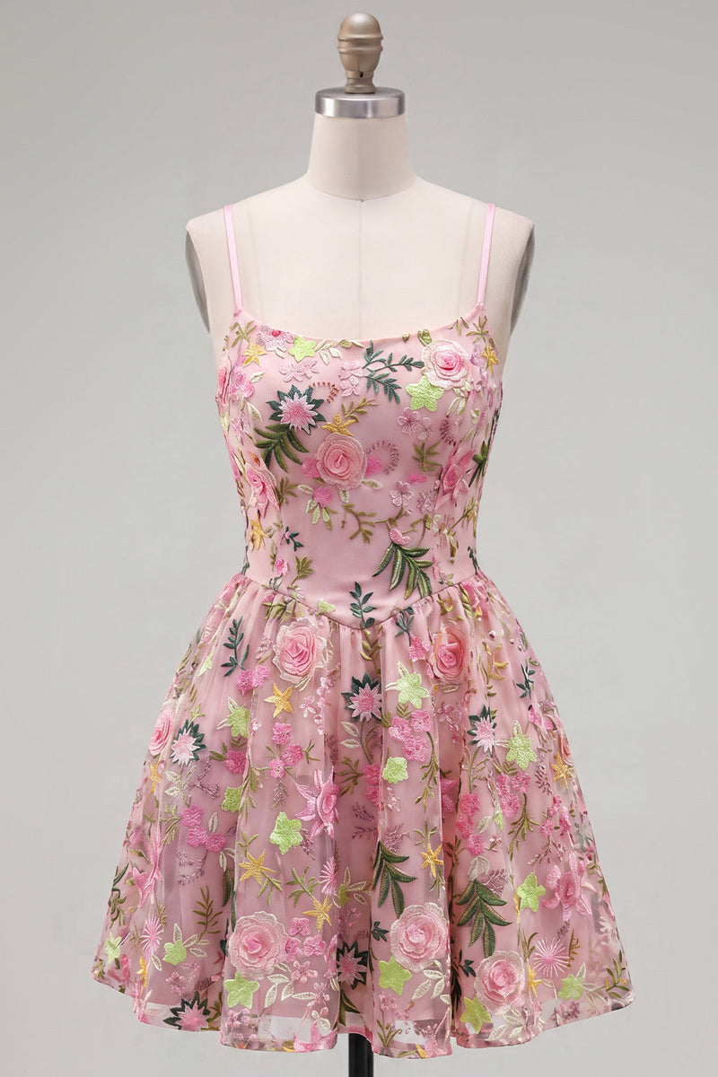 Laden Sie das Bild in den Galerie-Viewer, Rosa A-Line Spaghetti-Träger mit Schnürung hinten Blumen-Homecoming-Kleid mit Stickerei