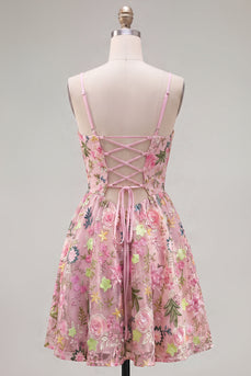 Rosa A-Linie Spaghetti-Träger Blumen Stickerei Kurzes Abendkleid mit Schnürung hinten