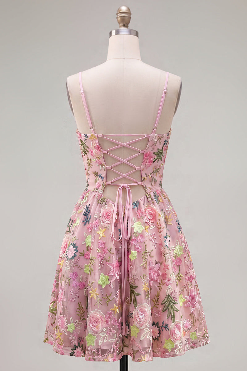 Laden Sie das Bild in den Galerie-Viewer, Rosa A-Line Spaghetti-Träger mit Schnürung hinten Blumen-Homecoming-Kleid mit Stickerei