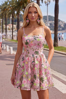 Laden Sie das Bild in den Galerie-Viewer, Rosa A-Line Spaghetti-Träger mit Schnürung hinten Blumen-Homecoming-Kleid mit Stickerei