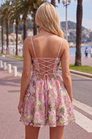 Laden Sie das Bild in den Galerie-Viewer, Rosa A-Line Spaghetti-Träger mit Schnürung hinten Blumen-Homecoming-Kleid mit Stickerei