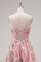Laden Sie das Bild in den Galerie-Viewer, Rosa A-Line Spaghetti-Träger mit Schnürung hinten Blumen-Homecoming-Kleid mit Stickerei