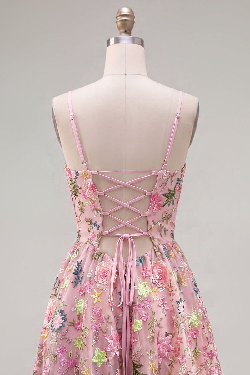 Laden Sie das Bild in den Galerie-Viewer, Rosa A-Line Spaghetti-Träger mit Schnürung hinten Blumen-Homecoming-Kleid mit Stickerei