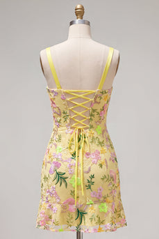 Gelbes Bodycon Blumen Rüschen Kurzes Abendkleid mit Schnürung hinten