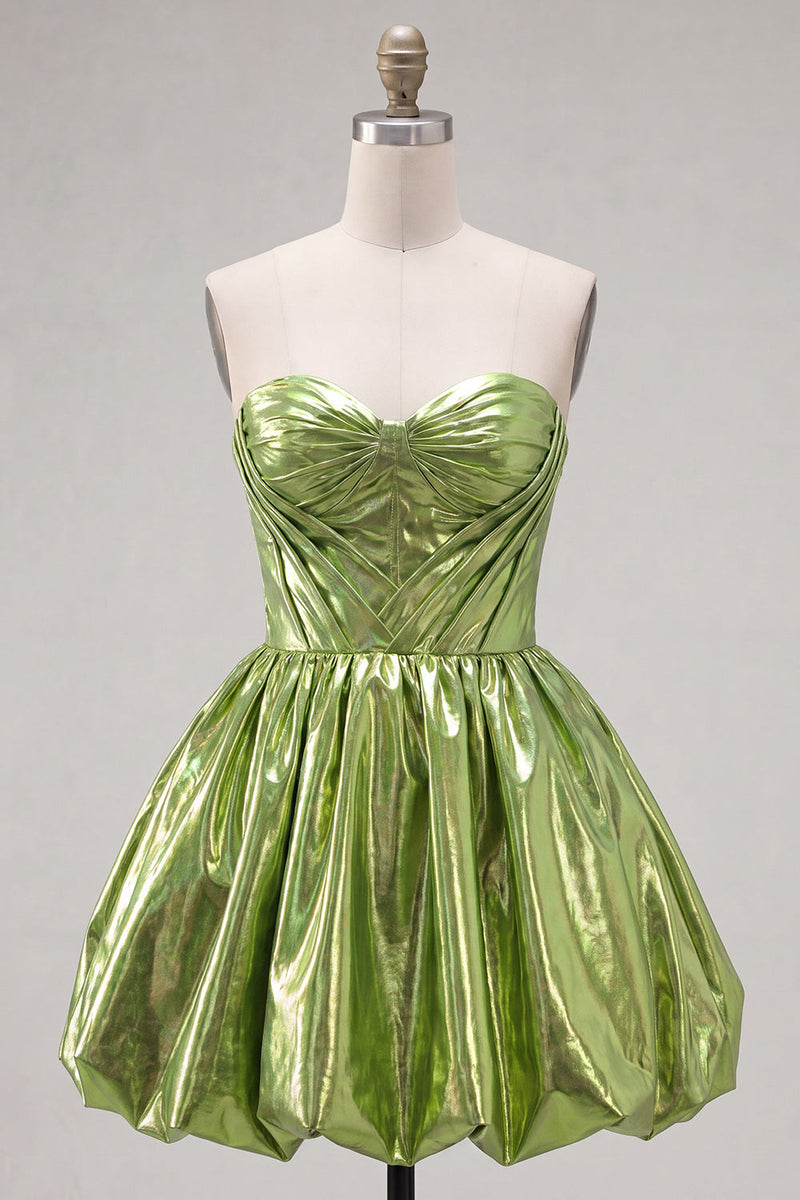 Laden Sie das Bild in den Galerie-Viewer, Metallicgrünes A-Line-Sweetheart-Korsett mit Falten Homecoming-Kleid