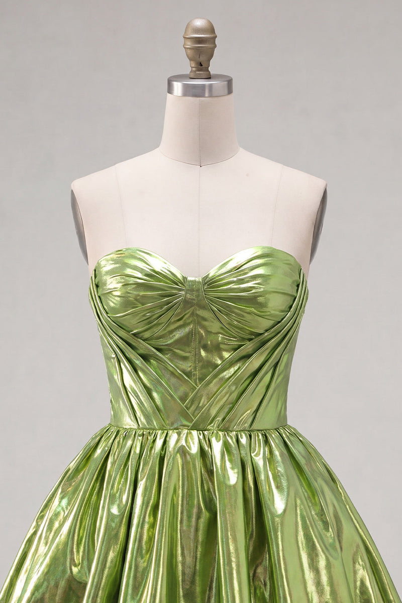 Laden Sie das Bild in den Galerie-Viewer, Metallicgrünes A-Line-Sweetheart-Korsett mit Falten Homecoming-Kleid