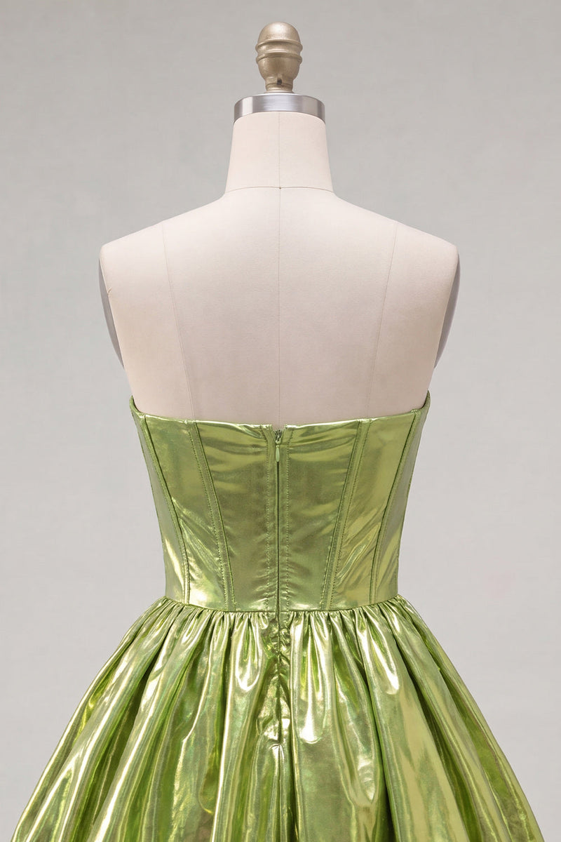 Laden Sie das Bild in den Galerie-Viewer, Metallicgrünes A-Line-Sweetheart-Korsett mit Falten Homecoming-Kleid