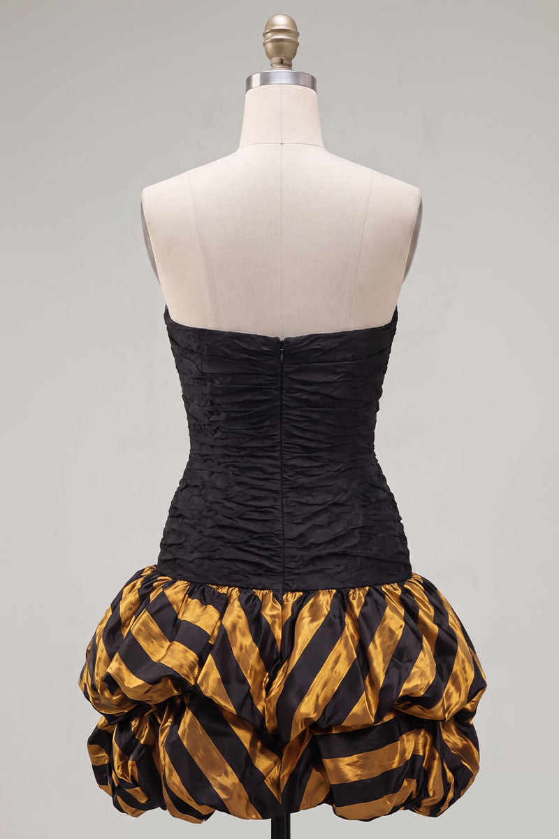 Laden Sie das Bild in den Galerie-Viewer, Schwarzes goldenes Bodycon Sweetheart Homecoming-Kleid mit Rüschen