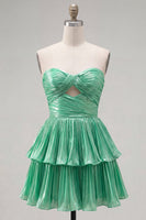 Laden Sie das Bild in den Galerie-Viewer, Metallic grünes A-Linien-gestuftes Sweetheart Plissiertes Homecoming-Kleid mit Rippenschnitt