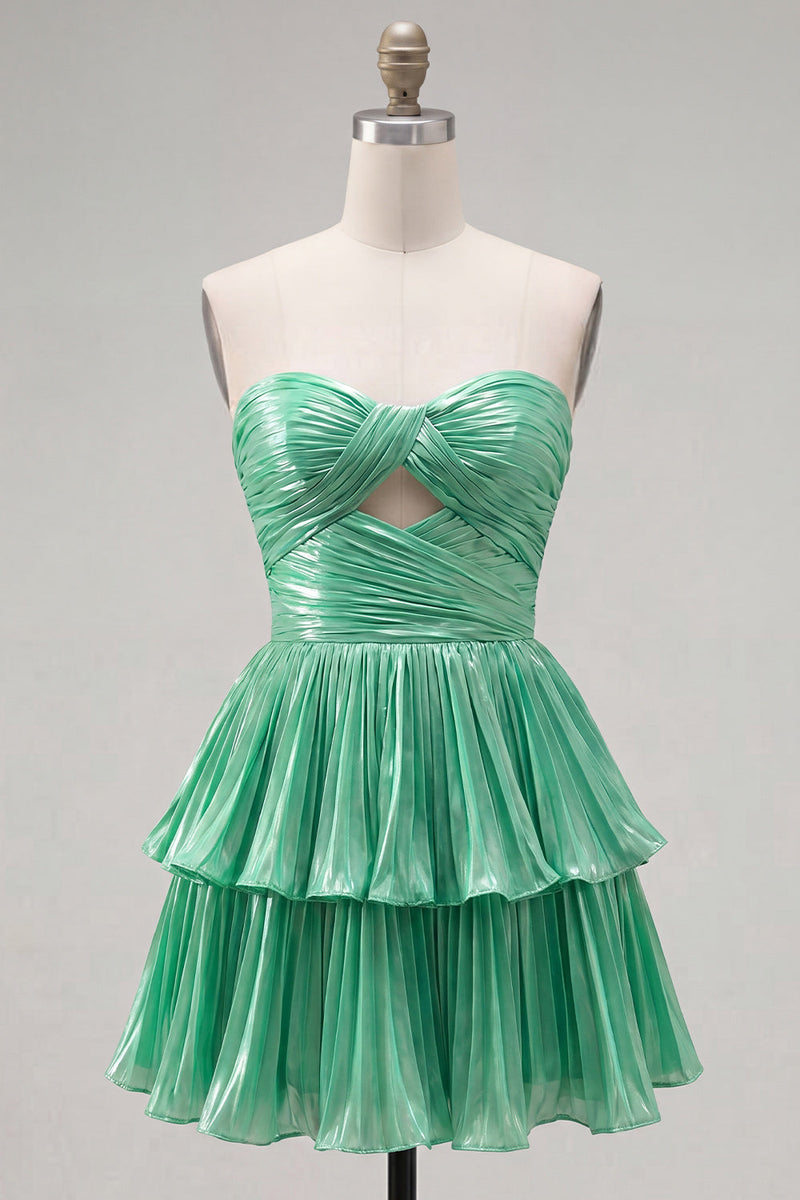 Laden Sie das Bild in den Galerie-Viewer, Metallic grünes A-Linien-gestuftes Sweetheart Plissiertes Homecoming-Kleid mit Rippenschnitt