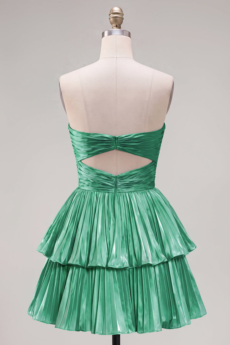 Laden Sie das Bild in den Galerie-Viewer, Metallic grünes A-Linien-gestuftes Sweetheart Plissiertes Homecoming-Kleid mit Rippenschnitt