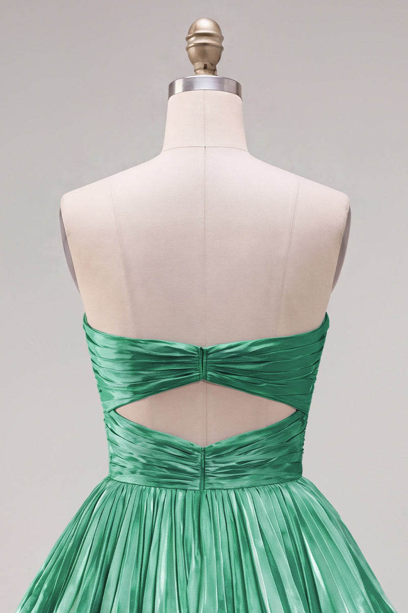Laden Sie das Bild in den Galerie-Viewer, Metallic grünes A-Linien-gestuftes Sweetheart Plissiertes Homecoming-Kleid mit Rippenschnitt