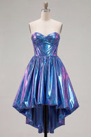Laden Sie das Bild in den Galerie-Viewer, Königsblaues metallisches A-Line-Sweetheart Rapphing Korsett, asymmetrisches Homecoming-Kleid