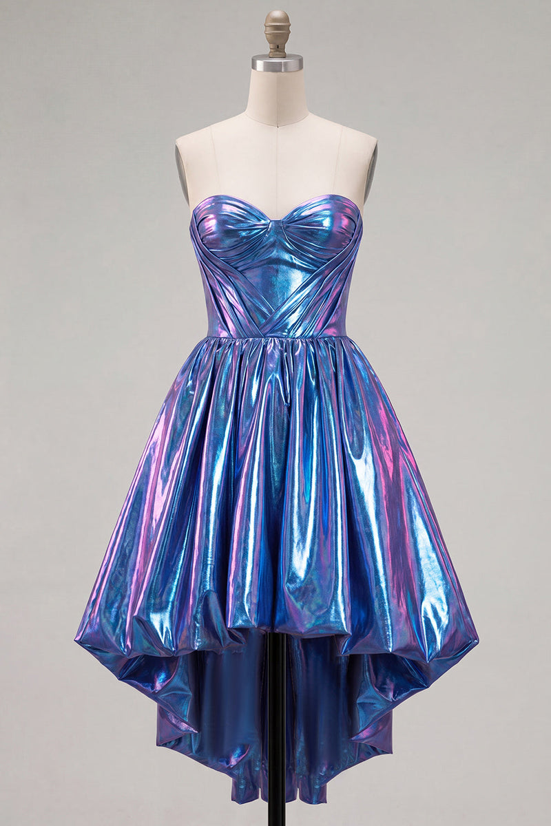 Laden Sie das Bild in den Galerie-Viewer, Königsblaues metallisches A-Line-Sweetheart Rapphing Korsett, asymmetrisches Homecoming-Kleid
