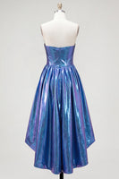Laden Sie das Bild in den Galerie-Viewer, Königsblaues metallisches A-Line-Sweetheart Rapphing Korsett, asymmetrisches Homecoming-Kleid
