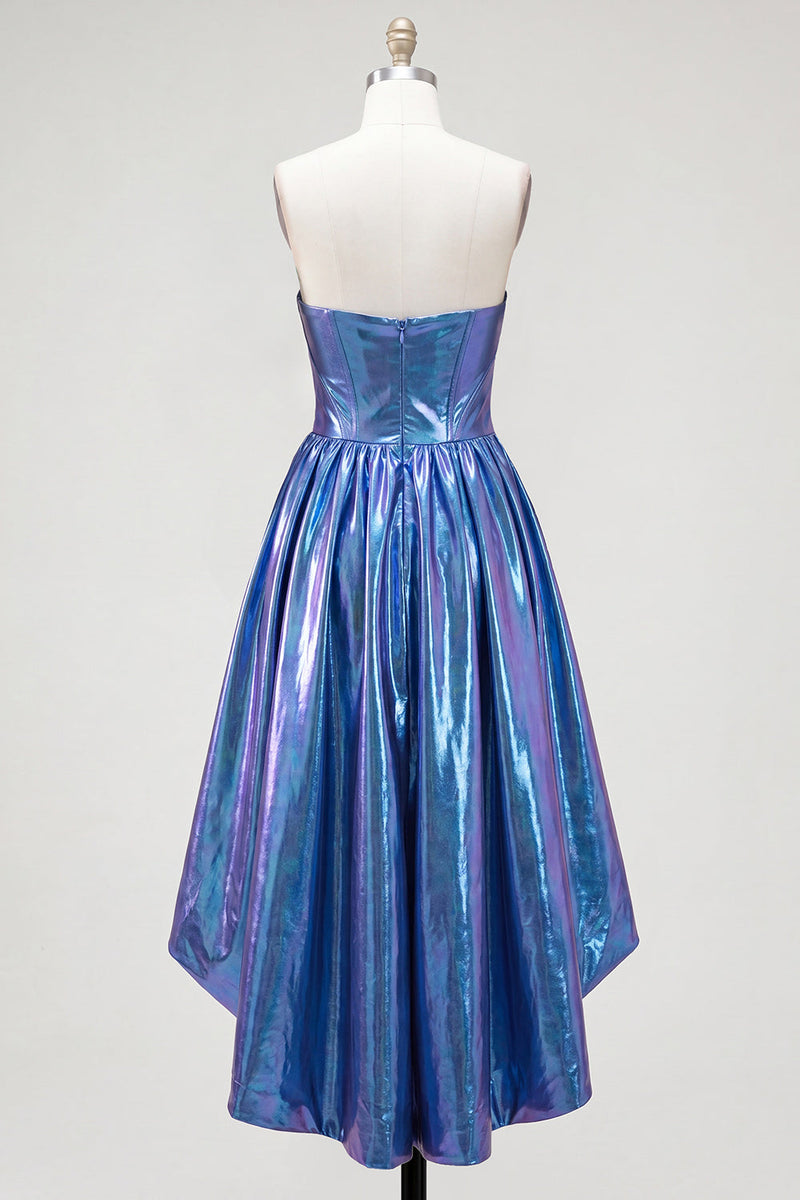 Laden Sie das Bild in den Galerie-Viewer, Königsblaues metallisches A-Line-Sweetheart Rapphing Korsett, asymmetrisches Homecoming-Kleid
