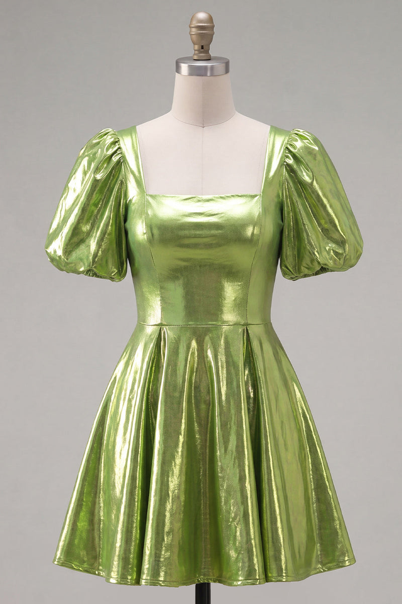 Laden Sie das Bild in den Galerie-Viewer, Gelbes metallisches A-Linien-Homecoming-Kleid mit quadratem Ausschnitt und Puffärmeln