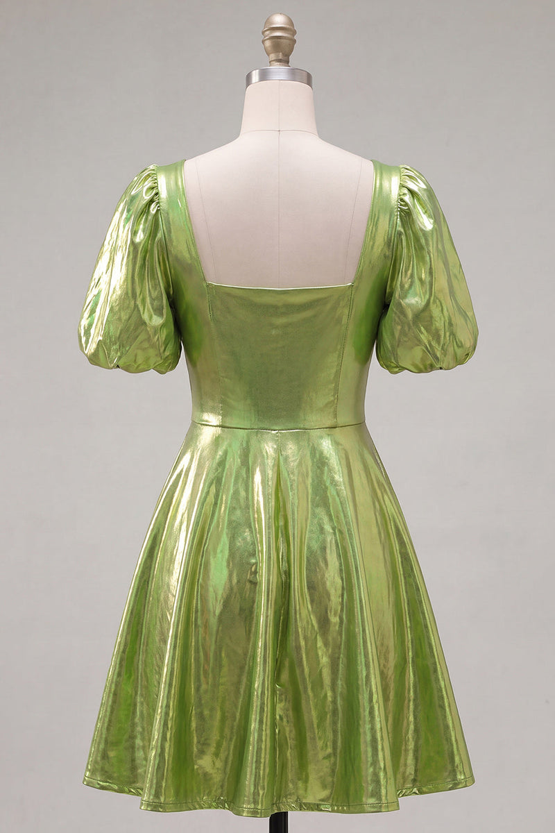 Laden Sie das Bild in den Galerie-Viewer, Gelbes metallisches A-Linien-Homecoming-Kleid mit quadratem Ausschnitt und Puffärmeln