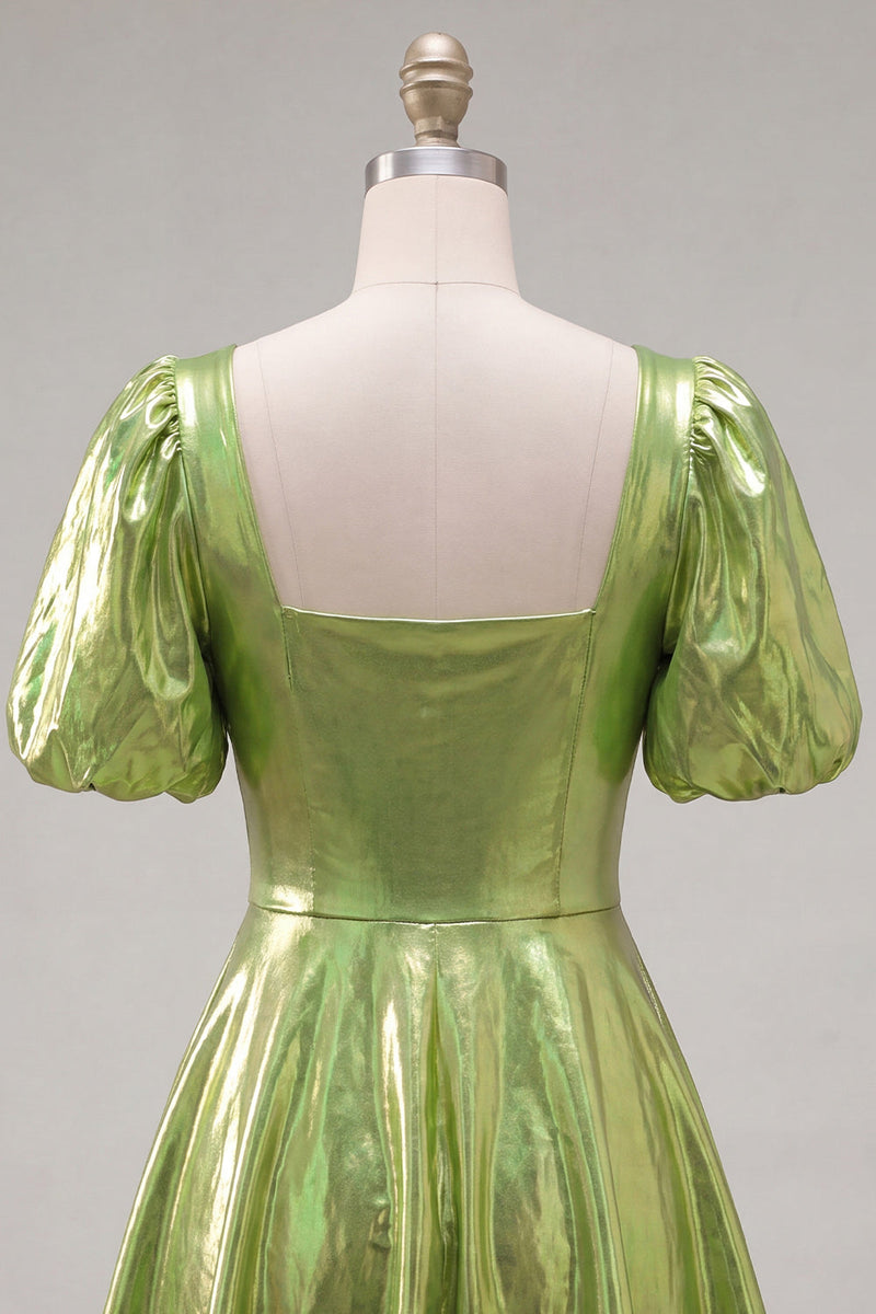 Laden Sie das Bild in den Galerie-Viewer, Gelbes metallisches A-Linien-Homecoming-Kleid mit quadratem Ausschnitt und Puffärmeln