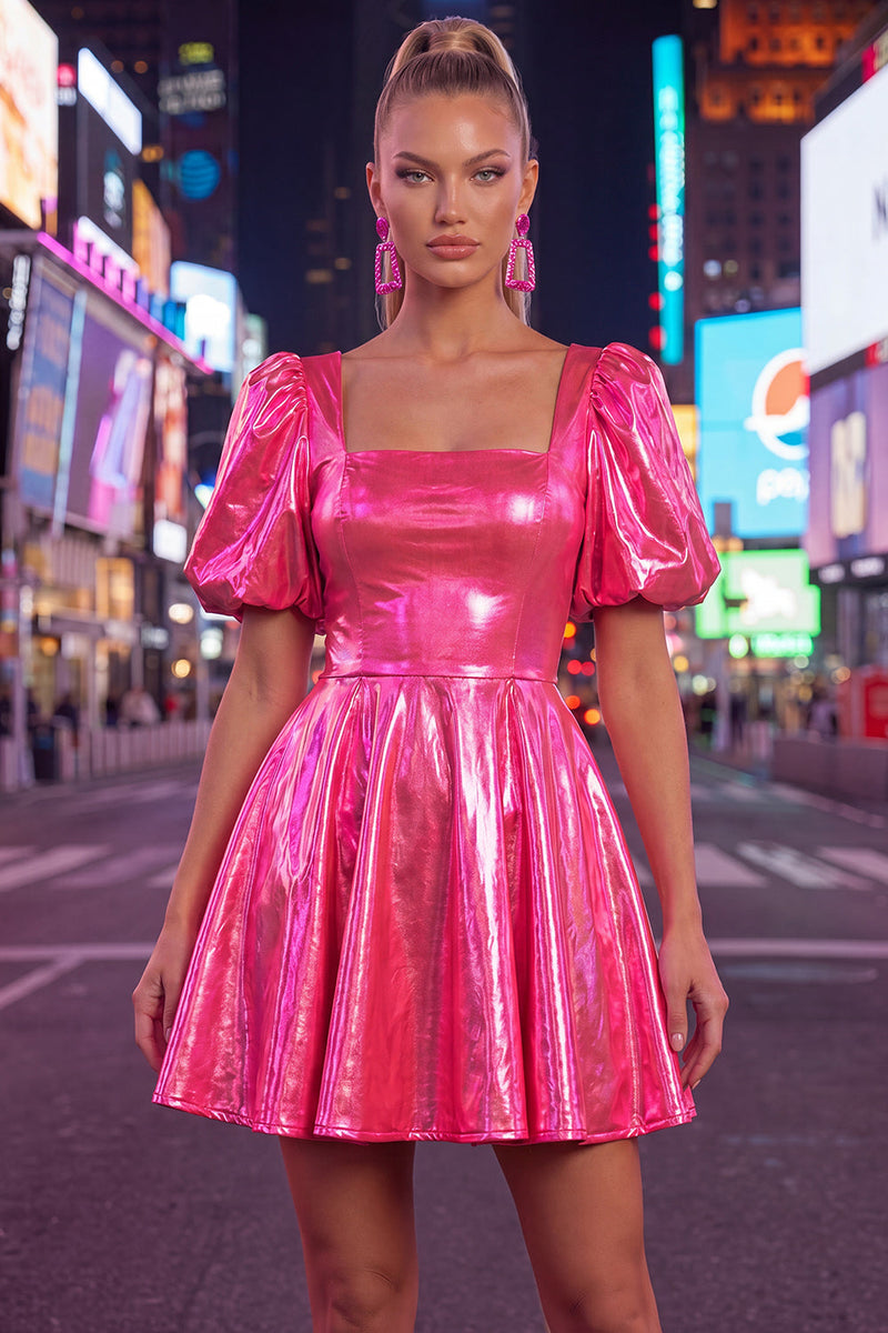 Laden Sie das Bild in den Galerie-Viewer, Gelbes metallisches A-Linien-Homecoming-Kleid mit quadratem Ausschnitt und Puffärmeln