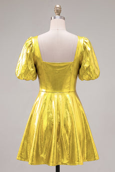 Gelbes Metallisches A-Linie Kurzes Abendkleid mit quadratem Ausschnitt und Puffärmeln