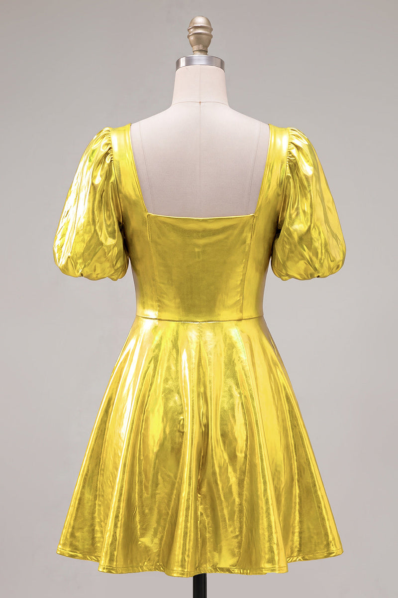 Laden Sie das Bild in den Galerie-Viewer, Gelbes metallisches A-Linien-Homecoming-Kleid mit quadratem Ausschnitt und Puffärmeln