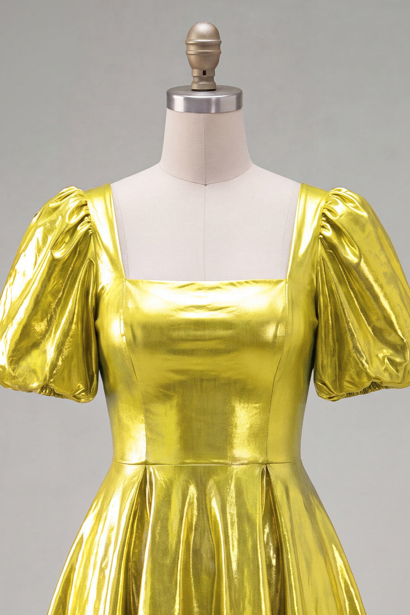 Laden Sie das Bild in den Galerie-Viewer, Gelbes metallisches A-Linien-Homecoming-Kleid mit quadratem Ausschnitt und Puffärmeln