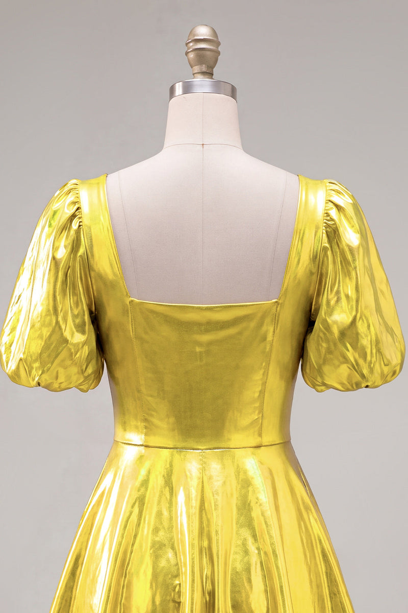 Laden Sie das Bild in den Galerie-Viewer, Gelbes metallisches A-Linien-Homecoming-Kleid mit quadratem Ausschnitt und Puffärmeln