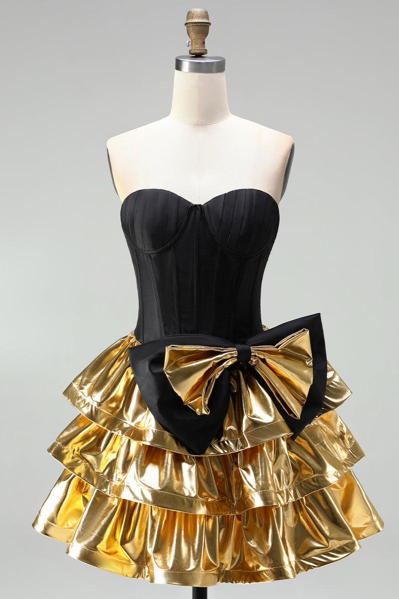 Laden Sie das Bild in den Galerie-Viewer, A-Line Schwarzes Gold Gestuftes Sweetheart Korsett Kurzes Abendkleid mit Schleife