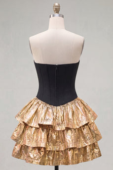 A-Line Schwarzes Gold Gestuftes Sweetheart Korsett Kurzes Abendkleid mit Schleife