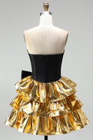 Laden Sie das Bild in den Galerie-Viewer, A-Line Schwarzes Gold Gestuftes Sweetheart Korsett Kurzes Abendkleid mit Schleife