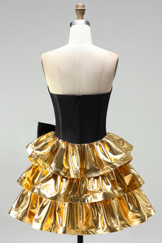 A-Line Schwarzes Gold Gestuftes Sweetheart Korsett Kurzes Abendkleid mit Schleife