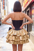 Laden Sie das Bild in den Galerie-Viewer, A-Line Schwarzes goldgestuftes Sweetheart-Korsett-Homecoming-Kleid mit Schleife