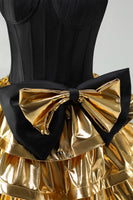 Laden Sie das Bild in den Galerie-Viewer, A-Line Schwarzes Gold Gestuftes Sweetheart Korsett Kurzes Abendkleid mit Schleife