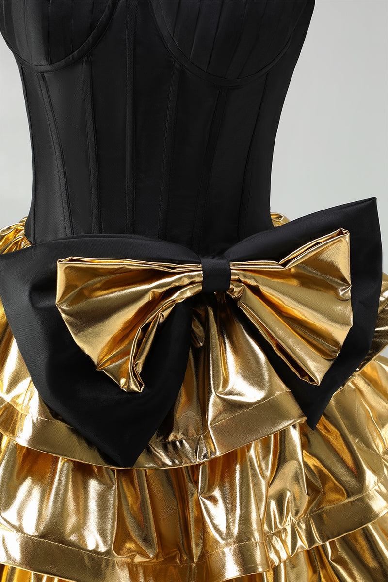 Laden Sie das Bild in den Galerie-Viewer, A-Line Schwarzes Gold Gestuftes Sweetheart Korsett Kurzes Abendkleid mit Schleife