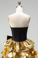 Laden Sie das Bild in den Galerie-Viewer, A-Line Schwarzes Gold Gestuftes Sweetheart Korsett Kurzes Abendkleid mit Schleife