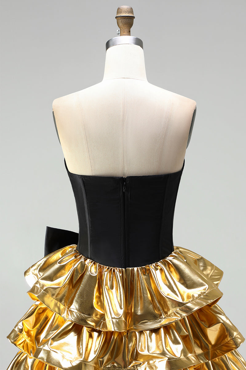 Laden Sie das Bild in den Galerie-Viewer, A-Line Schwarzes Gold Gestuftes Sweetheart Korsett Kurzes Abendkleid mit Schleife