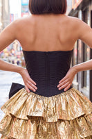 Laden Sie das Bild in den Galerie-Viewer, A-Line Schwarzes goldgestuftes Sweetheart-Korsett-Homecoming-Kleid mit Schleife