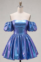 Laden Sie das Bild in den Galerie-Viewer, Off-the-shoulder blaues A-Line-Metallic-Homecoming-Kleid mit Puffärmeln
