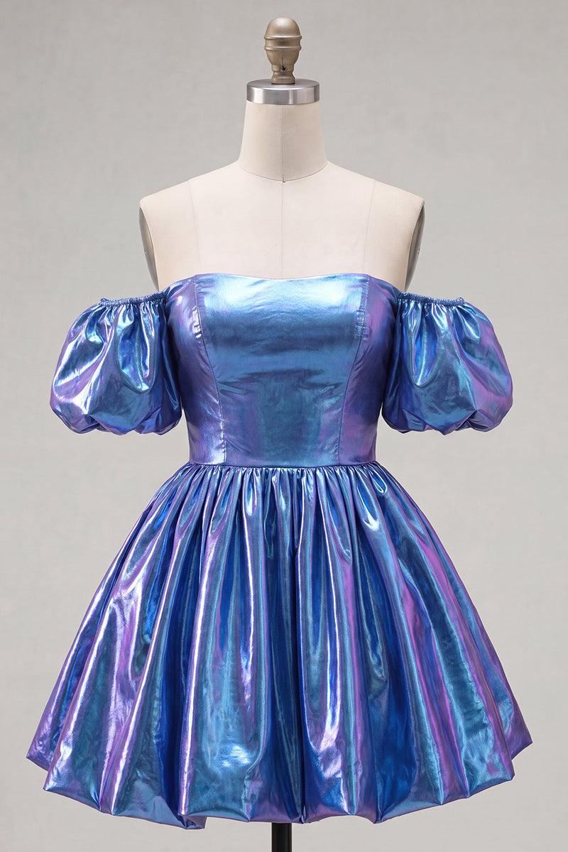 Laden Sie das Bild in den Galerie-Viewer, Off-the-shoulder blaues A-Line-Metallic-Homecoming-Kleid mit Puffärmeln